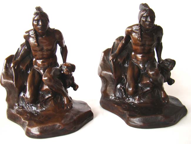A fine and rare pair of "Indian with his dog" bookends by Jennings Brothers circa 1930